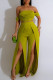 Green Casual Solid Color Patchwork Backless High Slit Ruched Strapless Short Sleeve Two Pieces