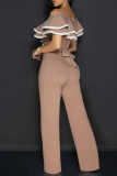 White Casual Patchwork Backless Strap Design Zipper Contrast Ruffled Trim V Neck Regular Jumpsuits