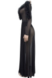 Black Elegant Solid Color Patchwork See-Through Ruffled Trim Deep V Neck Long Sleeve Two Pieces