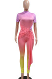 Multi-color Casual Gradient Color Patchwork Strap Design Zipper Half A Turtleneck Skinny Jumpsuits