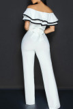 White Casual Patchwork Backless Strap Design Zipper Contrast Ruffled Trim V Neck Regular Jumpsuits