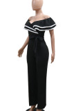 White Casual Patchwork Backless Strap Design Zipper Contrast Ruffled Trim V Neck Regular Jumpsuits