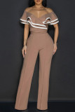 White Casual Patchwork Backless Strap Design Zipper Contrast Ruffled Trim V Neck Regular Jumpsuits