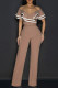 Apricot Casual Patchwork Backless Strap Design Zipper Contrast Ruffled Trim V Neck Regular Jumpsuits