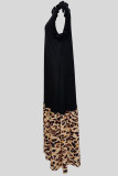 Black Elegant Leopard Print Patchwork Zipper Ruffled Trim Mandarin Collar Long Dresses