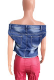 Blue Street Print Patchwork Backless Off Shoulder Sleeveless Loose Denim Jacket