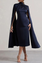 Black Street Solid Color Hollow Out Patchwork Slit Turtleneck Long Dresses