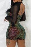 Black Sexy Gradient Color Hollow Out Sequins Patchwork Feathers Backless Zipper O Neck Skinny Rompers
