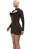 Black Sexy Gradient Color Hollow Out Sequins Patchwork Feathers Backless Zipper O Neck Skinny Rompers