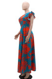Red Elegant Print Patchwork Backless High Slit Ruffled Trim Oblique Collar Long Dresses