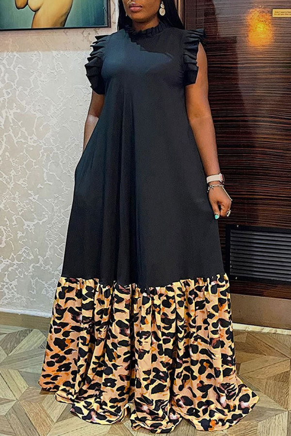 Black Elegant Leopard Print Patchwork Zipper Ruffled Trim Mandarin Collar Long Dresses