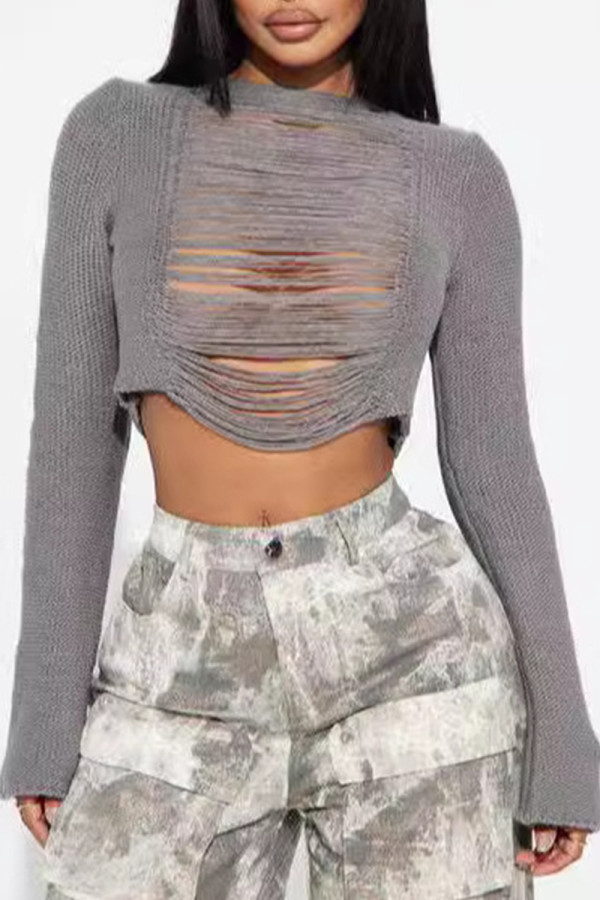 Grey Sexy Solid Color Ripped Patchwork O Neck Tops