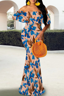 Blue Elegant Print Patchwork Backless Off Shoulder Long Dresses