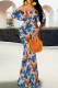 Blue Elegant Print Patchwork Backless Off Shoulder Long Dresses