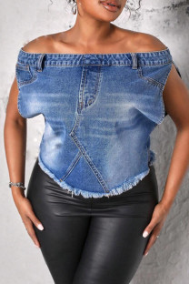 Blue Street Print Patchwork Backless Off Shoulder Sleeveless Loose Denim Jacket