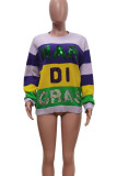 Purple Yellow Casual Colorblock Sequins Patchwork Contrast O Neck Tops