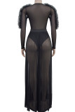 Black Elegant Solid Color Patchwork See-Through Ruffled Trim Deep V Neck Long Sleeve Two Pieces