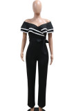 White Casual Patchwork Backless Strap Design Zipper Contrast Ruffled Trim V Neck Regular Jumpsuits
