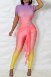 Multi-color Casual Gradient Color Patchwork Strap Design Zipper Half A Turtleneck Skinny Jumpsuits