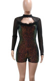 Black Sexy Gradient Color Hollow Out Sequins Patchwork Feathers Backless Zipper O Neck Skinny Rompers