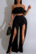 Black Casual Solid Color Patchwork Backless High Slit Ruched Strapless Short Sleeve Two Pieces