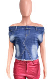 Blue Street Print Patchwork Backless Off Shoulder Sleeveless Loose Denim Jacket