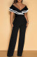 Black Casual Patchwork Backless Strap Design Zipper Contrast Ruffled Trim V Neck Regular Jumpsuits