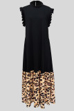 Black Elegant Leopard Print Patchwork Zipper Ruffled Trim Mandarin Collar Long Dresses