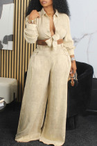 Khaki Casual Solid Color Pocket Patchwork Strap Design Cardigan Collar Long Sleeve Two Pieces