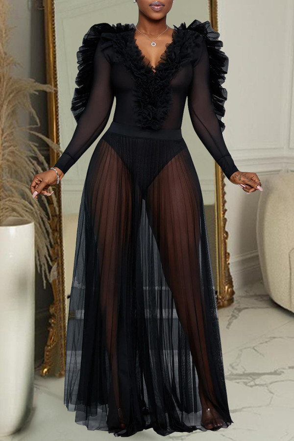 Black Elegant Solid Color Patchwork See-Through Ruffled Trim Deep V Neck Long Sleeve Two Pieces