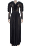 Black Elegant Solid Color Patchwork See-Through Ruffled Trim Deep V Neck Long Sleeve Two Pieces