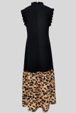 Black Elegant Leopard Print Patchwork Zipper Ruffled Trim Mandarin Collar Long Dresses