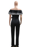 White Casual Patchwork Backless Strap Design Zipper Contrast Ruffled Trim V Neck Regular Jumpsuits