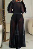 Black Elegant Solid Color Patchwork See-Through Ruffled Trim Deep V Neck Long Sleeve Two Pieces