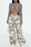 Grey Sexy Solid Color Ripped Patchwork O Neck Tops