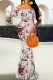 Light Pink Elegant Print Patchwork Backless Off Shoulder Long Dresses