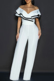 White Casual Patchwork Backless Strap Design Zipper Contrast Ruffled Trim V Neck Regular Jumpsuits
