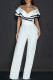 White Casual Patchwork Backless Strap Design Zipper Contrast Ruffled Trim V Neck Regular Jumpsuits