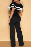 White Casual Patchwork Backless Strap Design Zipper Contrast Ruffled Trim V Neck Regular Jumpsuits