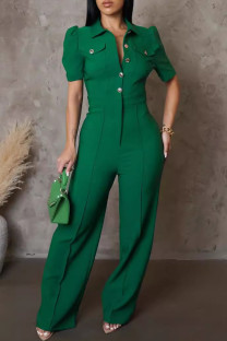 Green Casual Solid Color Pocket Buckle Patchwork Turndown Collar Regular Jumpsuits(the buttons are subject to the actual)