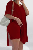 Rose Red Casual Solid Color Patchwork High Slit V Neck Half Sleeve Two Pieces