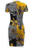 Black Yellow Casual Street Geometric Print Irregular Contrast O Neck Irregular Short Sleeve Dress