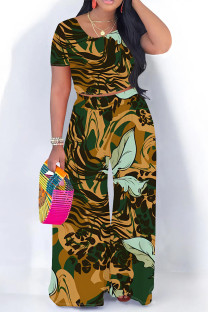 Green Yellow Casual Geometric Print Leopard Print Contrast O Neck Short Sleeve Two Pieces