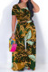 Green Yellow Casual Geometric Print Leopard Print Contrast O Neck Short Sleeve Two Pieces