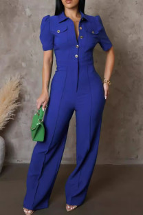 Blue Casual Solid Color Pocket Buckle Patchwork Turndown Collar Regular Jumpsuits(the buttons are subject to the actual)