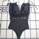 Black Sportswear Letters Patchwork Backless Ruched Swimwears