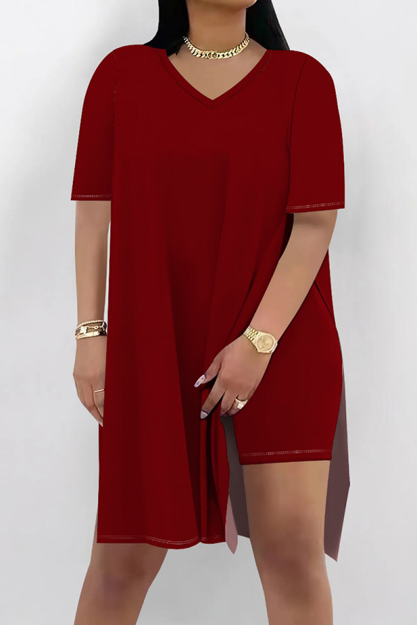 Burgundy Casual Solid Color Patchwork High Slit V Neck Half Sleeve Two Pieces