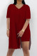 Burgundy Casual Solid Color Patchwork High Slit V Neck Half Sleeve Two Pieces