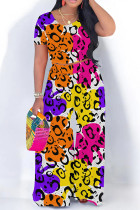 Multi-color Casual Geometric Print Leopard Print Contrast O Neck Short Sleeve Two Pieces