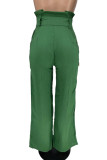 Green Casual Solid Color Patchwork With Belt Loose High Waist Wide Leg Patchwork Bottoms